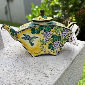 KELVIN CHEN Enamel Mini Copper Handpainted Teapot - Hummingbird & Grape